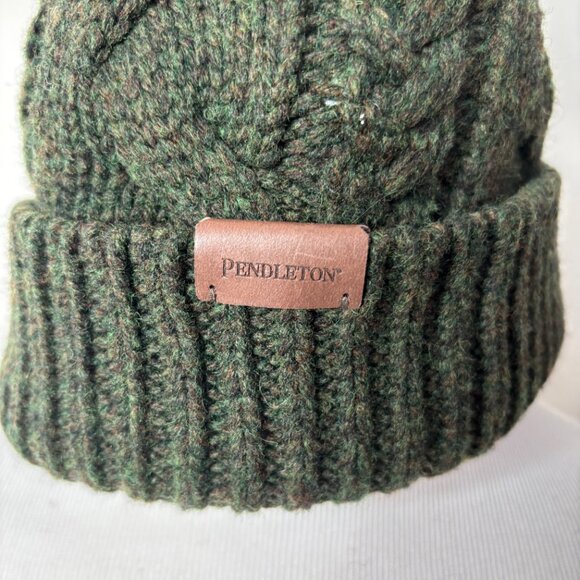 Pendleton Hat Wool Blend Cable Knit Beanie w/ Faux Fur Pom Pom O/S Olive Green - Picture 8 of 8
